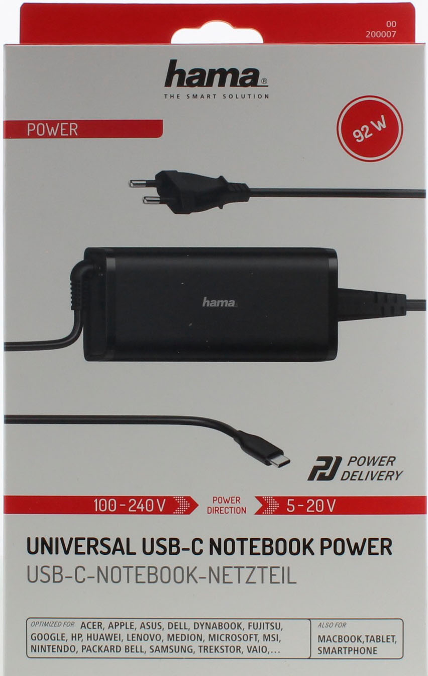 Hama Universele USB-C-notebook-netadapter, Power Delivery (PD), 5-20V/92W